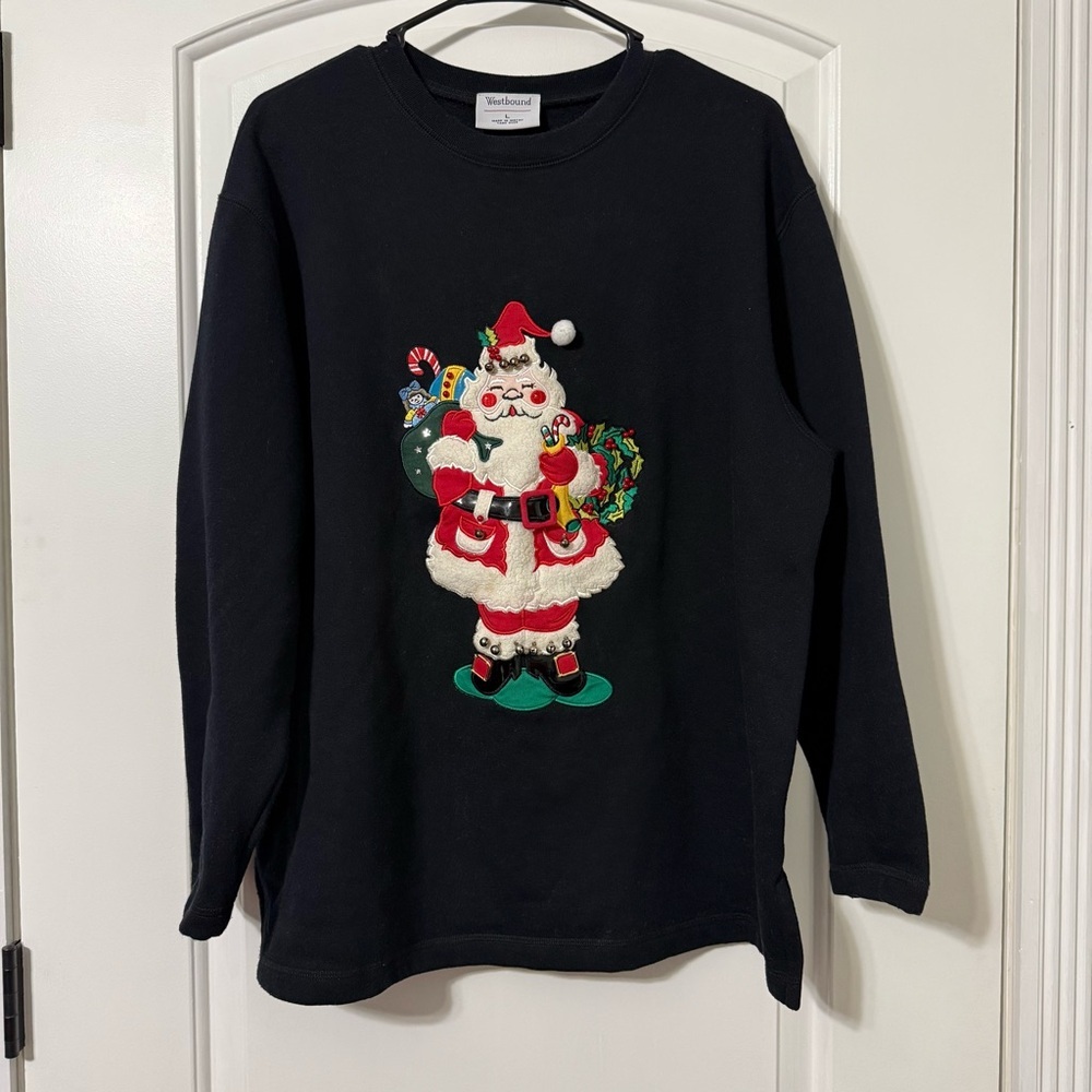 Vintage Westbound Santa Christmas Sweater Black Large Embroidered Bells